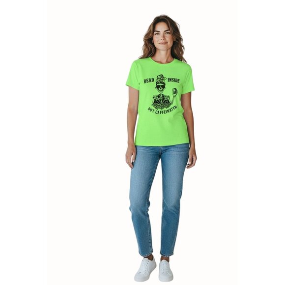 Gildan Womens Dead Inside But Caffeinated Graphic Short Sleeve Tee Green Small - Picture 3 of 8